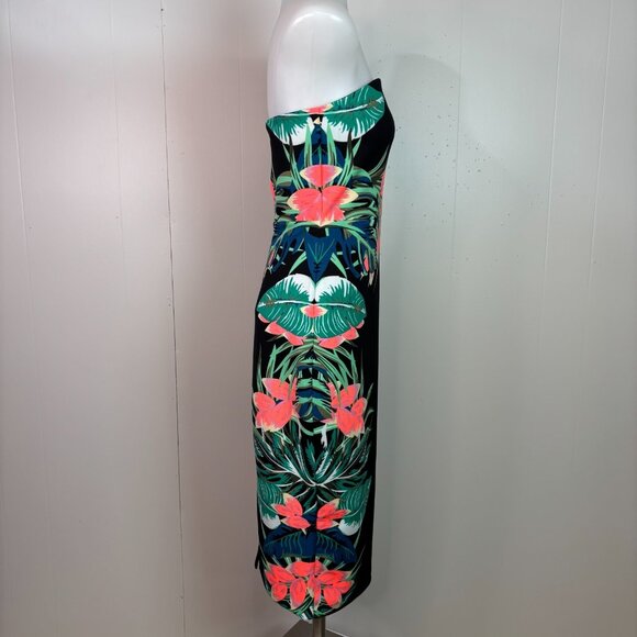 Express Bodycon Dress 4 Strapless Black Tropical Floral Stretch Knee-Length - Picture 6 of 11